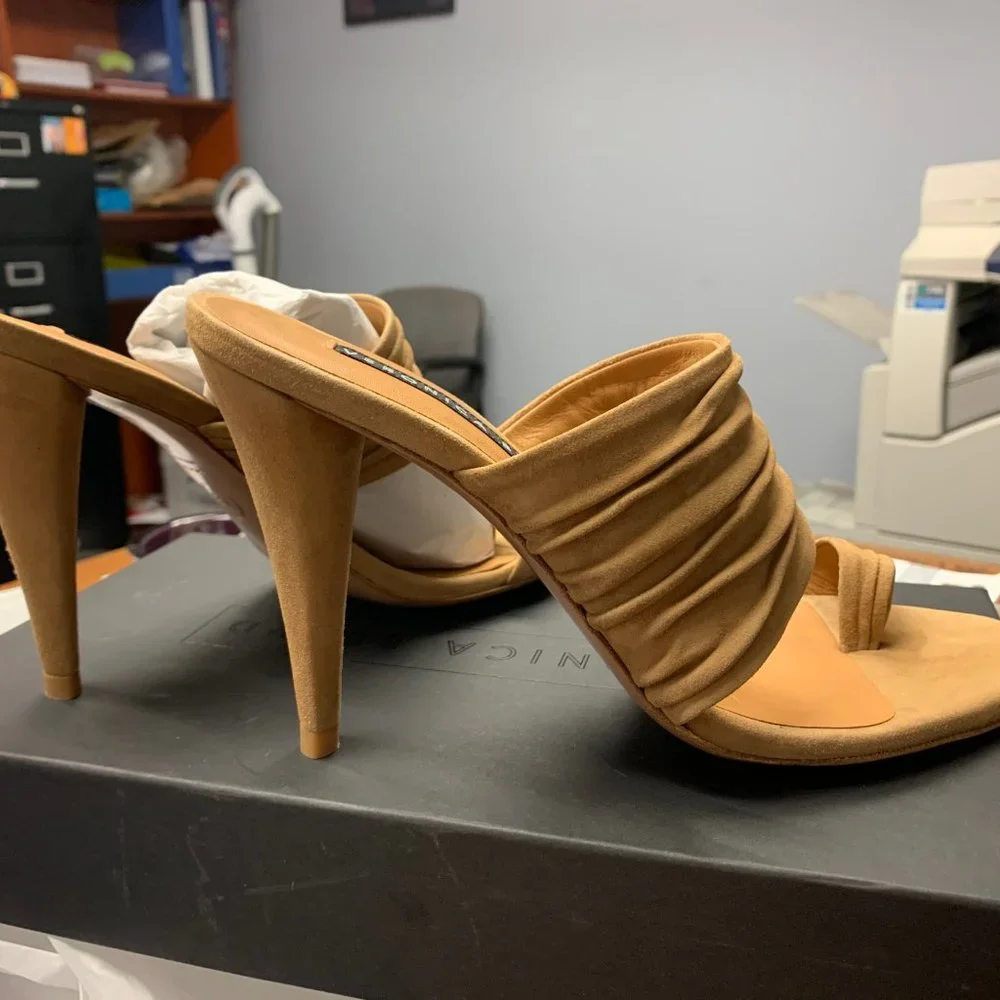 Veronica Beard Tan Suede Ruched Toe-Loop Heeled Sandals - Picture 2 of 6